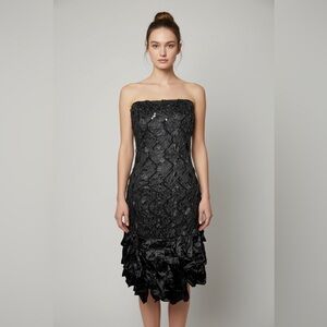 Vintage Y2K late 90s  L.A GLO Strapless Black Lace Textured Cocktail Dress